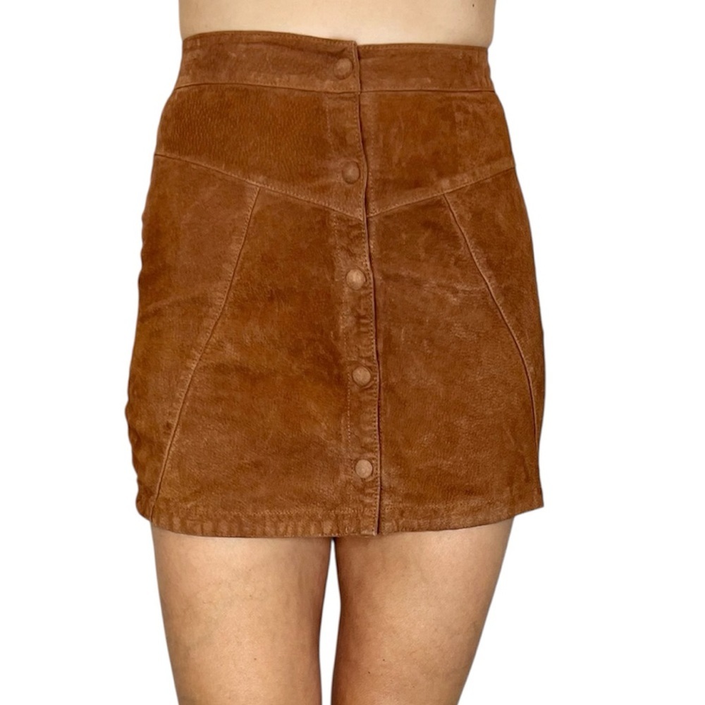 Simons TWIK chestnut brown suede pig leather snap front a line mini skirt XS